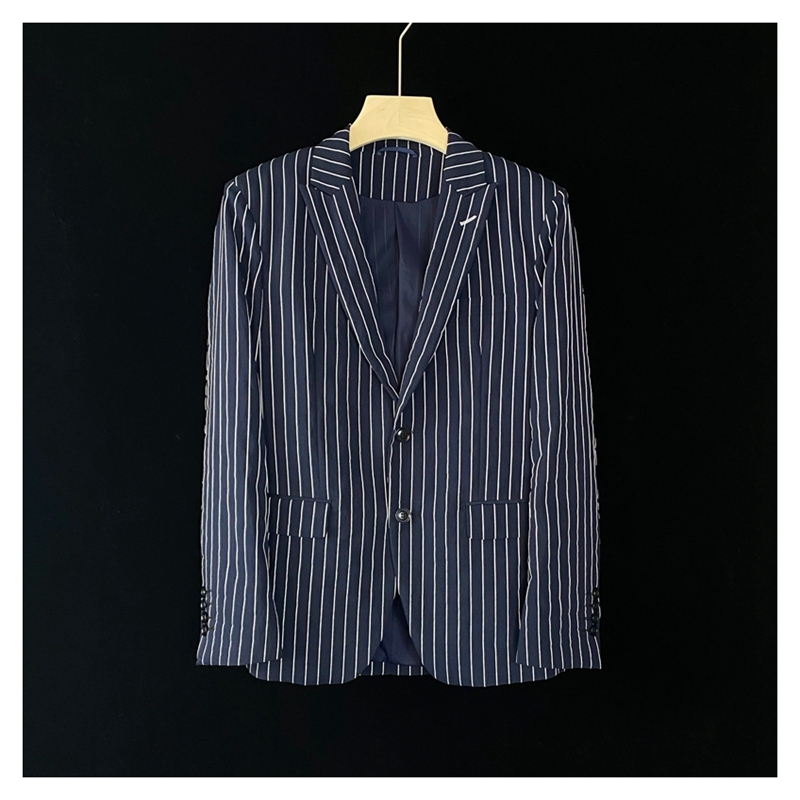 新品L 新品 テンセル混 テーラードジャケット メンズ カジュアル 薄手 スーツ ジャケット ストライプ 高品質 春夏 ブレザー/ネイビー拍卖