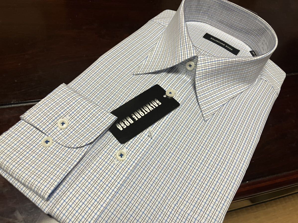 SALVATORE BOSA★白地×ブルーチェックワイシャツ★L(40-80) レギュラーカラー拍卖