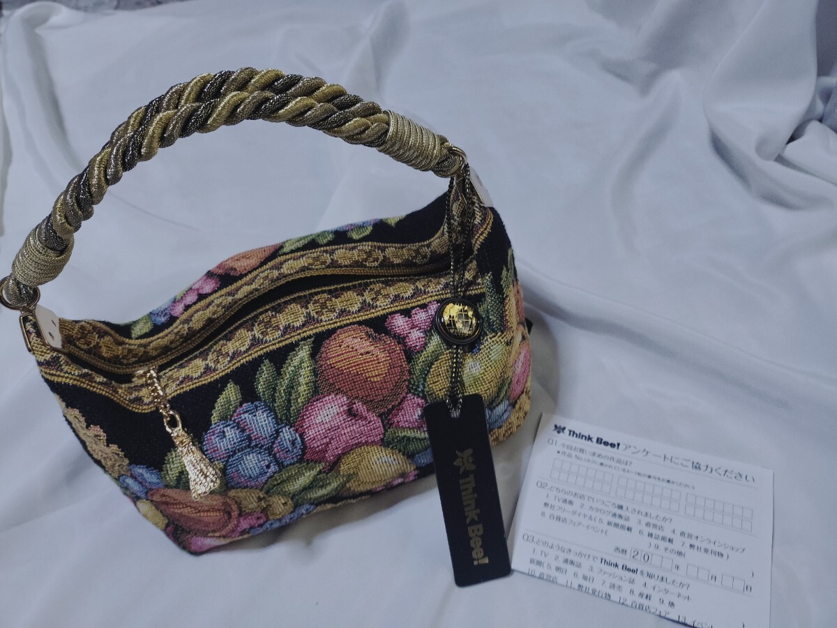 シンクビー Think Bee ゴブラン織 ハンドバック,パーティーバッグ,ポーチ,クラッチバッグ ゴールドの持ち手が豪華 185円送 未使 拍卖
