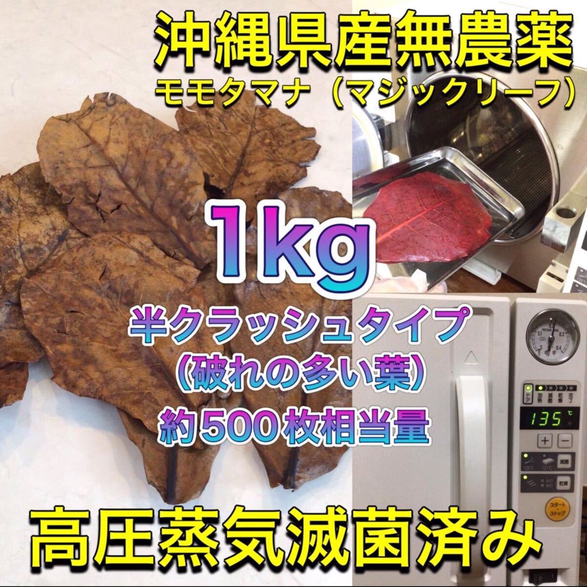 高圧蒸気滅菌済み沖縄県産無農薬モモタマナ (マジックリーフ) 半クラッシュタイプ(破れの多い葉)1kg(20cm前後の葉約500枚相当量)拍卖