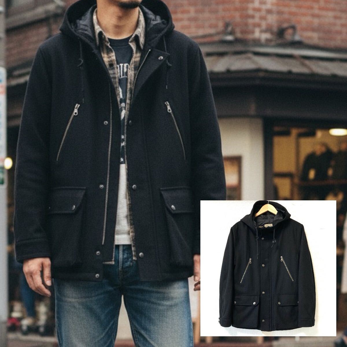 牛革使用◎【A DAY IN THE LIFE】アデイインザライフ ユナイテッドアローズ ウール混 中綿 パーカ ジャケット ブラック メンズ L/Y37486UU拍卖