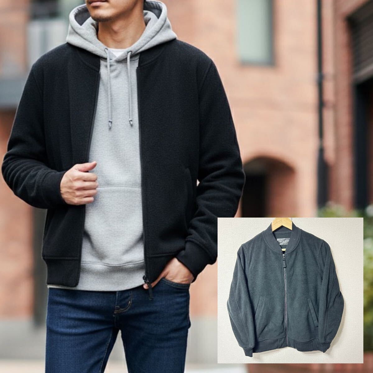 カーディガン感覚◎【The 1st.Floor】ザファーストフロア ナノユニバース フリースジャケット ブルゾン ブラック 黒 メンズS/Y37551YY拍卖