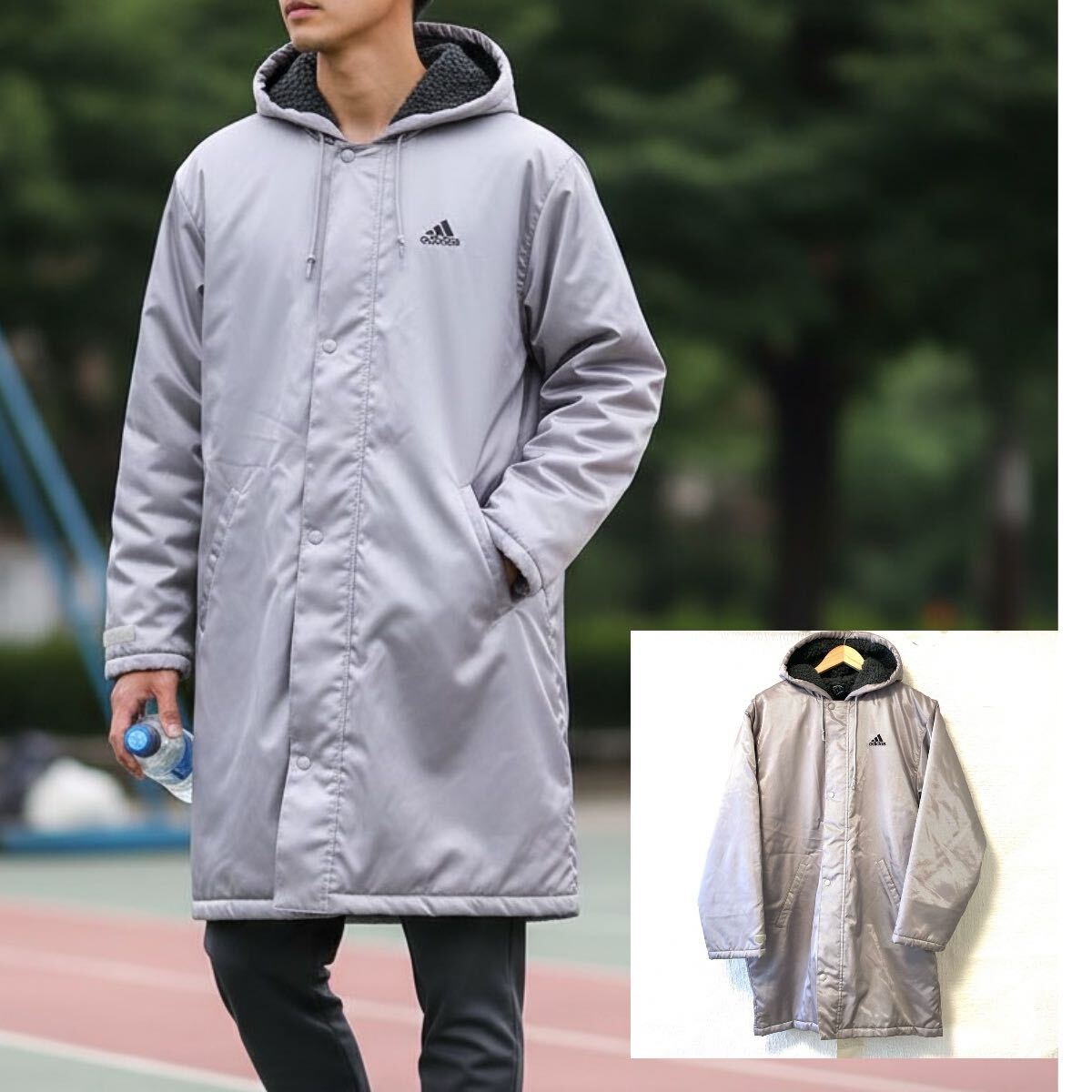 寒い冬のスポーツに!【adidas】アディダス 中綿 裏ボア ベンチコート 運動 サッカー バスケ マラソン キャンプ シルバー S/Y37495UU拍卖