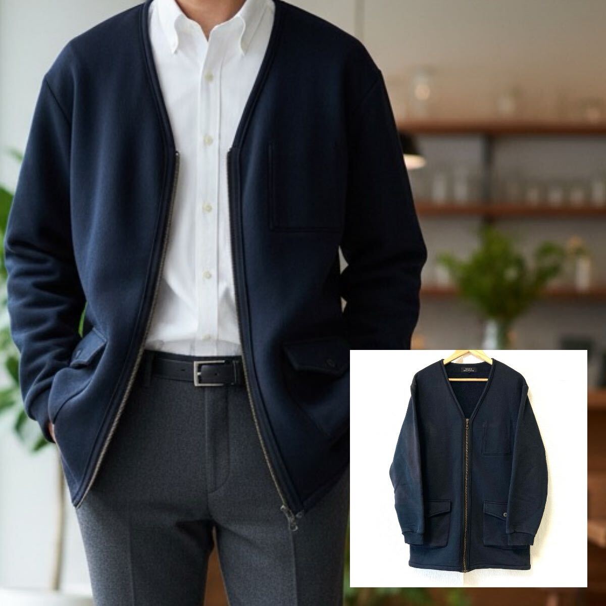 ビッグサイズ!サイズ4【MENS MELROSE】メンズメルローズ Vネック ジップアップ カーディガン ジャケット 裏起毛 ネイビー メンズ/Y37506UU拍卖