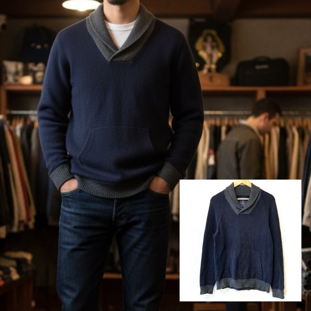 暖かお洒落◎【AMERICAN EAGLE】アメリカンイーグル ショールカラー ニット セーター 長袖 カジュアル ネイビー メンズ S/Y37511UU拍卖