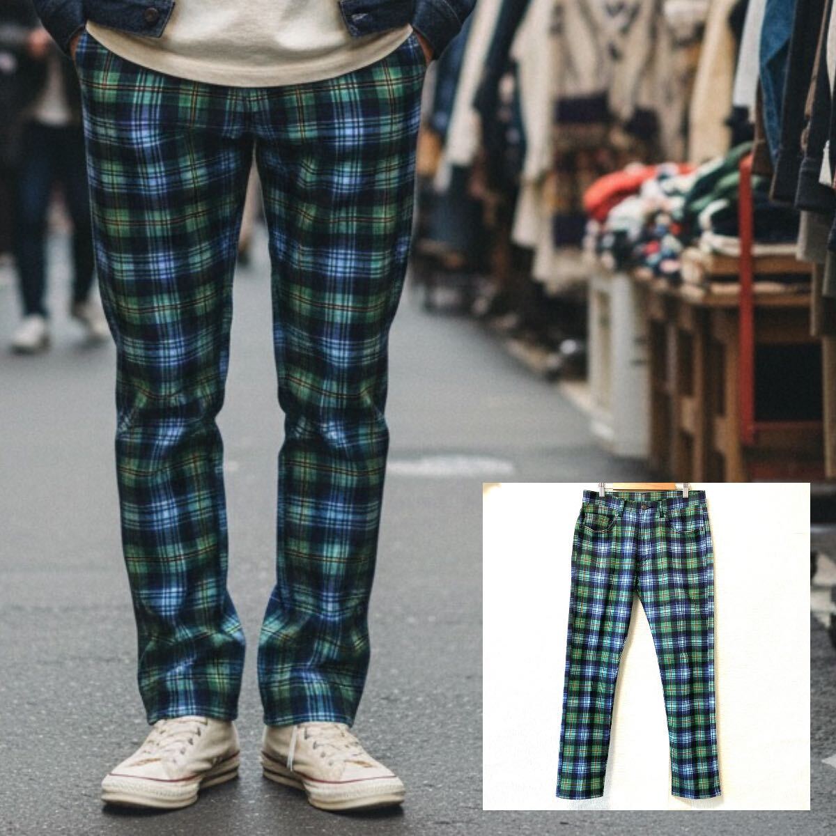 状態良好◎ 主役級アイテム!【UNIQLO】ユニクロ ストレッチ チェック柄 カジュアル パンツ お洒落 鮮やか 個性派 グリーン系 S/Y37525UU拍卖