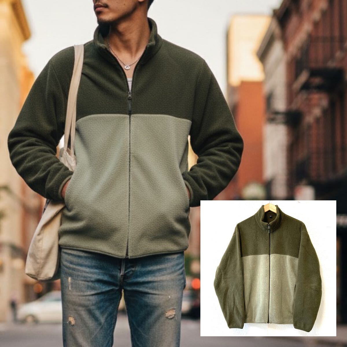 状態良好◎【UNIQLO】ユニクロ ジップアップ フリース ジャケット 防寒 アウター カジュアル 軽量 アウトドア オリーブ メンズ L/Y37530UU拍卖