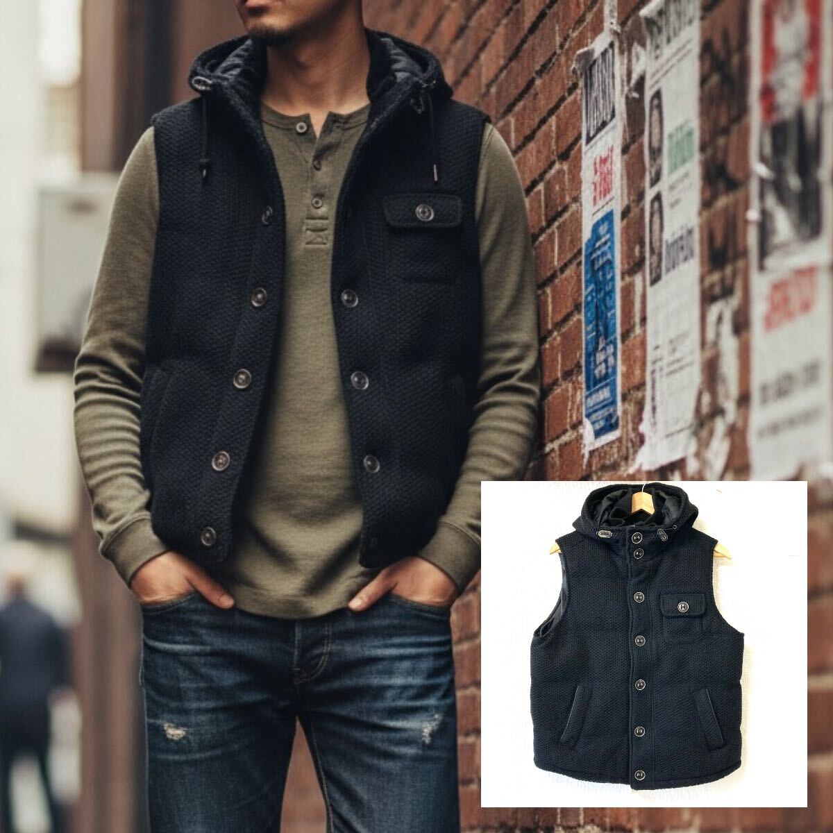 肉厚!男らしい1着【Jun Dogs】ジュンドッグス ウール混 中綿入り ベスト ジャケット アメカジ 防寒 ブラック メンズ L/Y37537UU拍卖