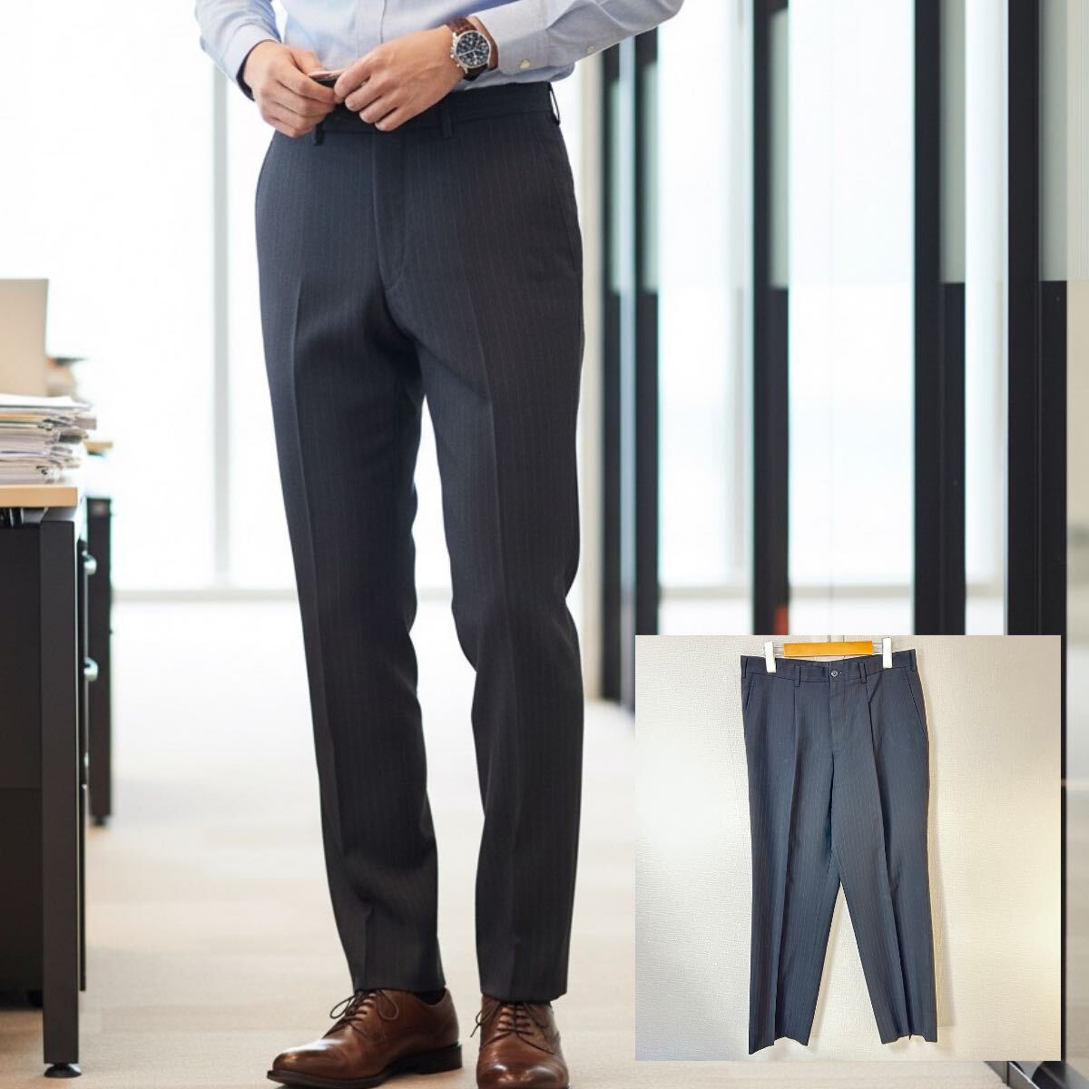 ビジネス、フォーマルに◎【TAKEO KIKUCHI】タケオキクチ スラックスパンツ ストライプ ウール ノータック ブラック 黒 メンズ3/Y37801YY拍卖