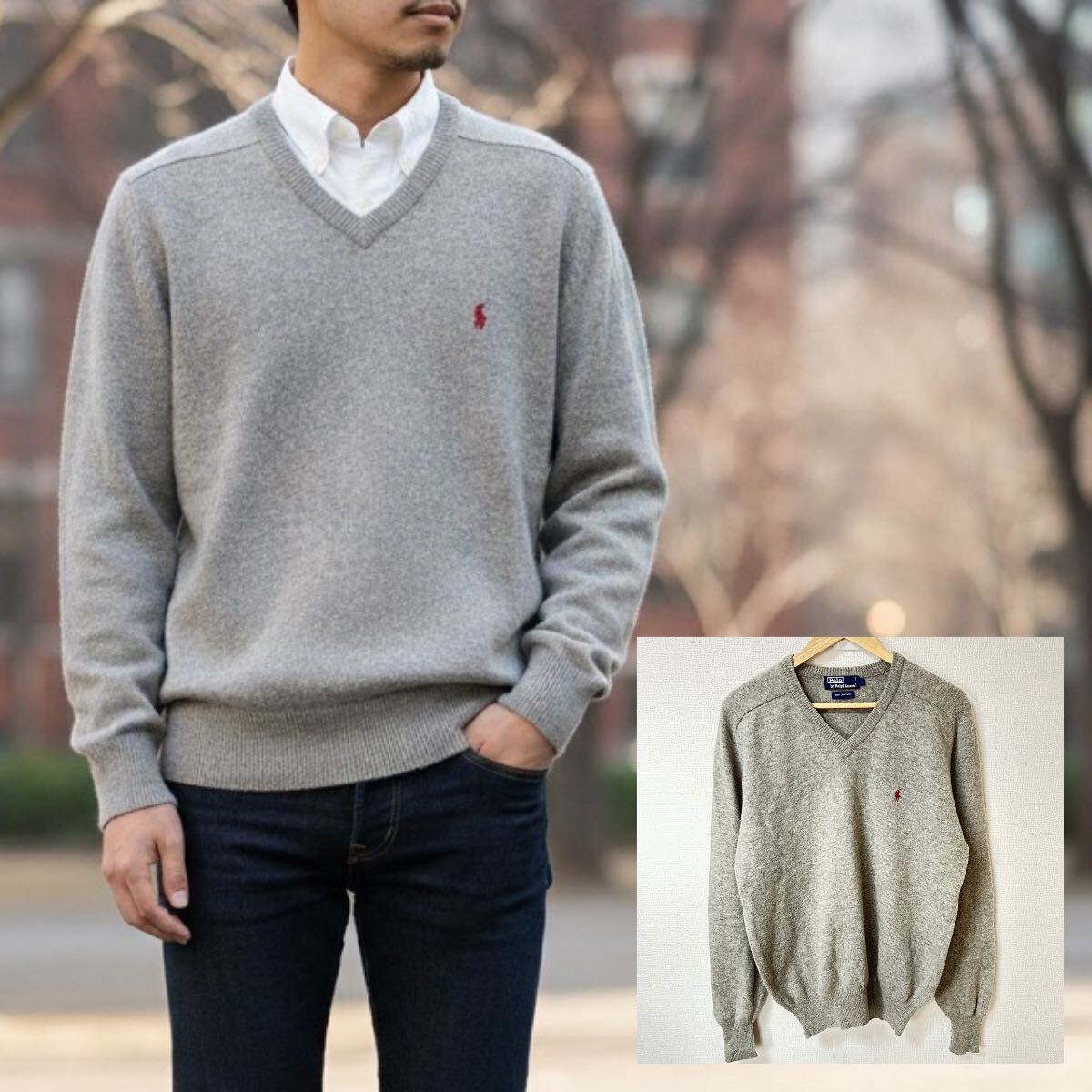 王道トラッド◎【Polo by RALPH LAUREN】ポロバイラルフローレン Vネックニットセーター トップス ウール100% グレー メンズL/Y37802YY拍卖