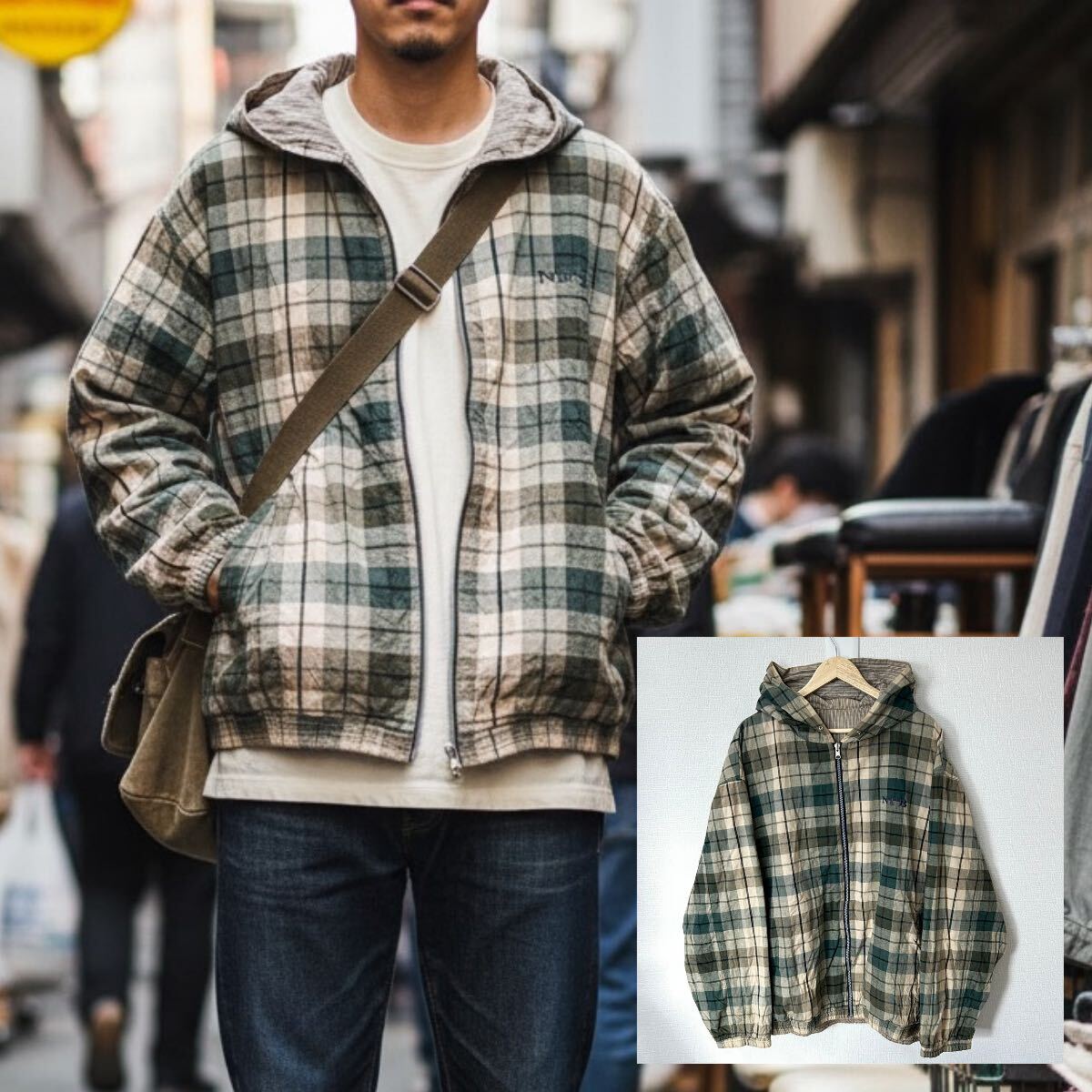 2wayリバーシブル◎ビッグシルエット【Nothin'but】ナッシンバット ジップアップパーカー アウター ダークグリーン系 メンズ/Y37837YY拍卖