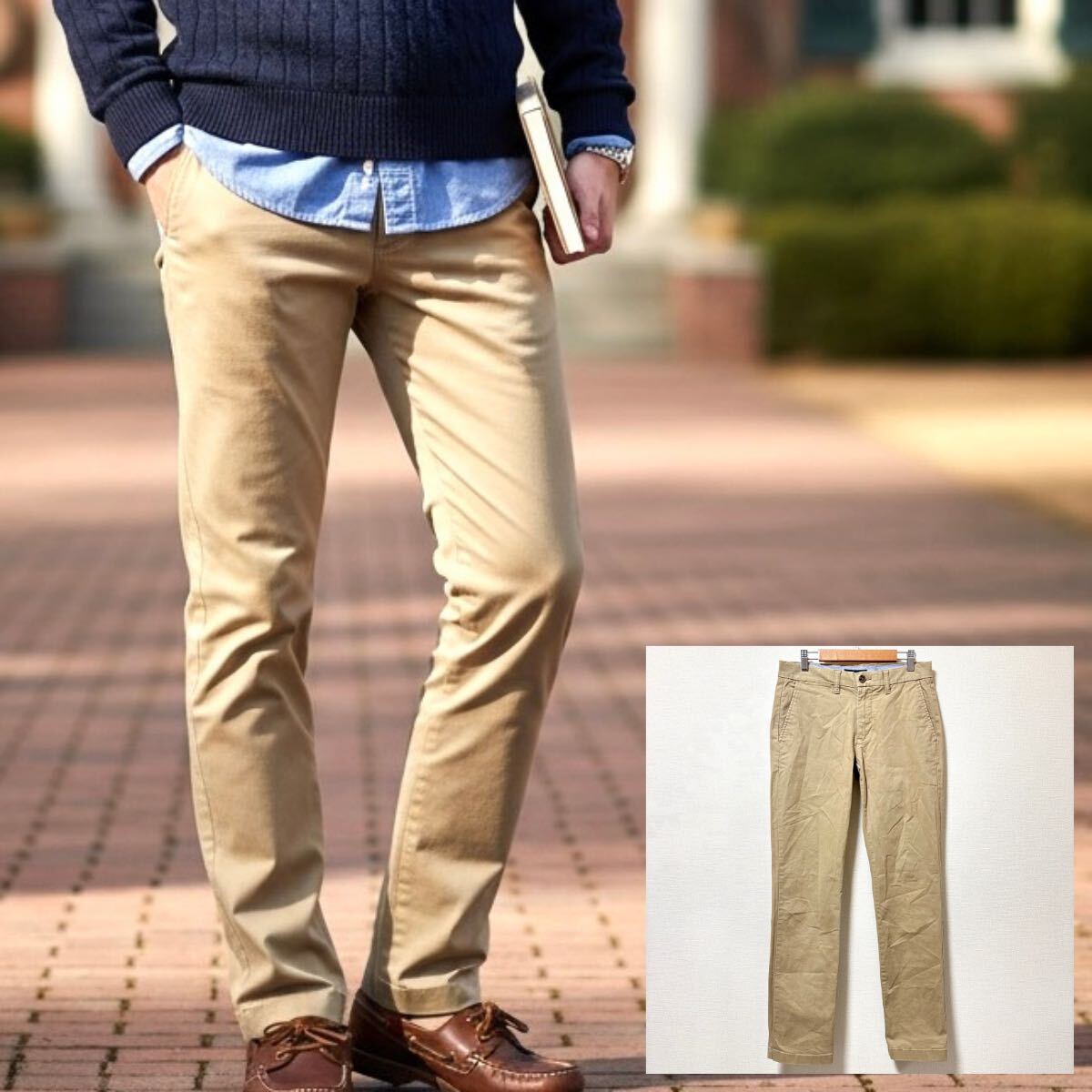 状態良好◎スリムシルエット!【TOMMY HILFIGER】トミーヒルフィガー チノパン ストレッチ 細身 パンツ ベージュ メンズ 28/32 /Y38211SS拍卖
