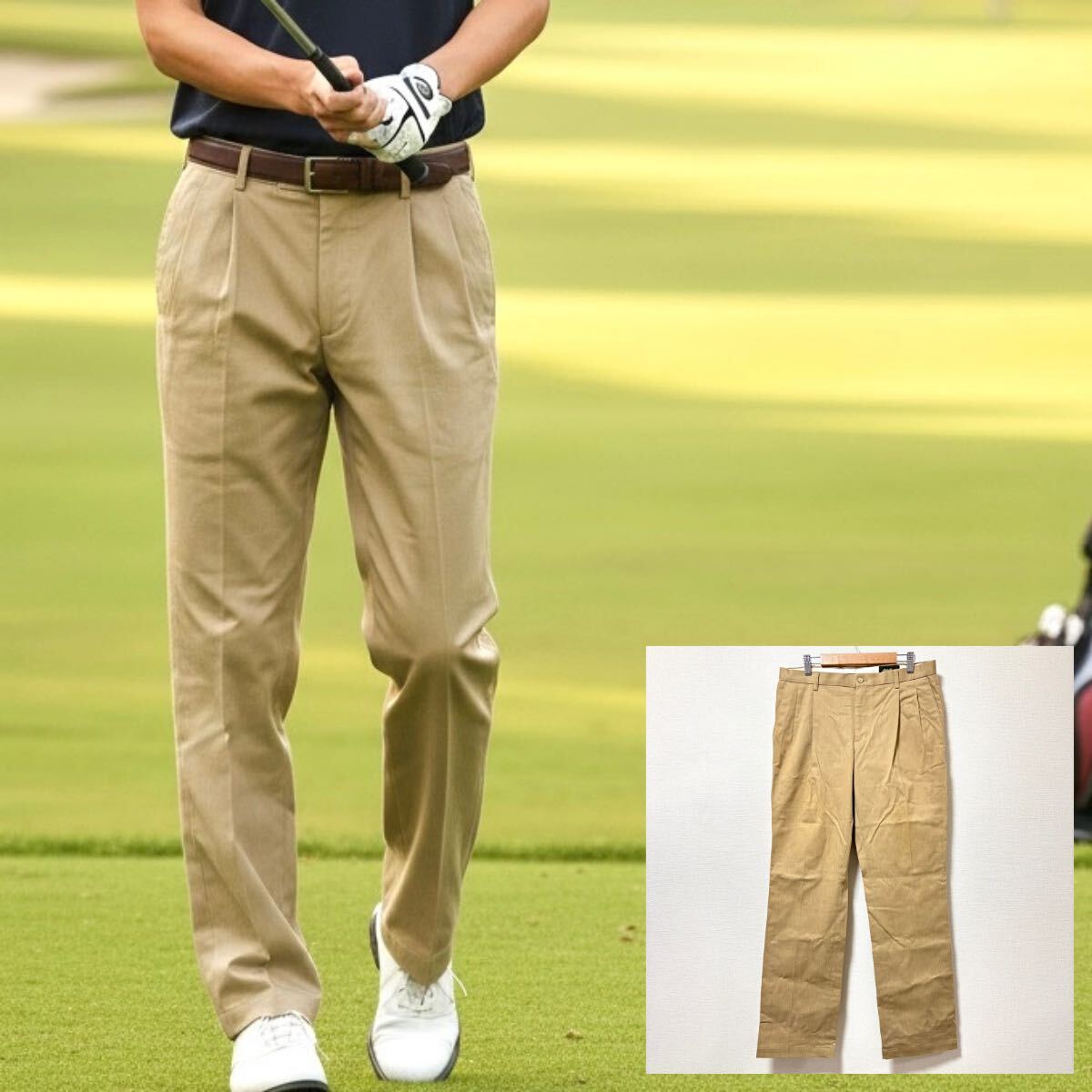 ゴルフにおすすめ!【Eddie Bauer】エディーバウアー ツータック パンツ スラックス ストレッチ きれいめ ベージュ メンズ 31×32 /Y38216SS拍卖