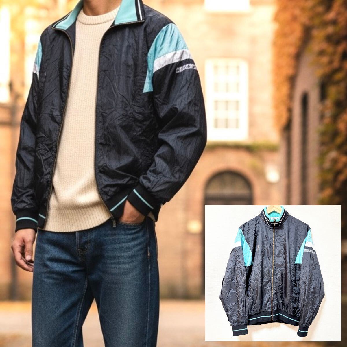 ビッグサイズ◎レトロ◎【adidas】アディダス ブルゾン ナイロン ジャンパー リブ 古着 アメカジ デサント ブラック 黒 メンズ O /Y38222SS拍卖