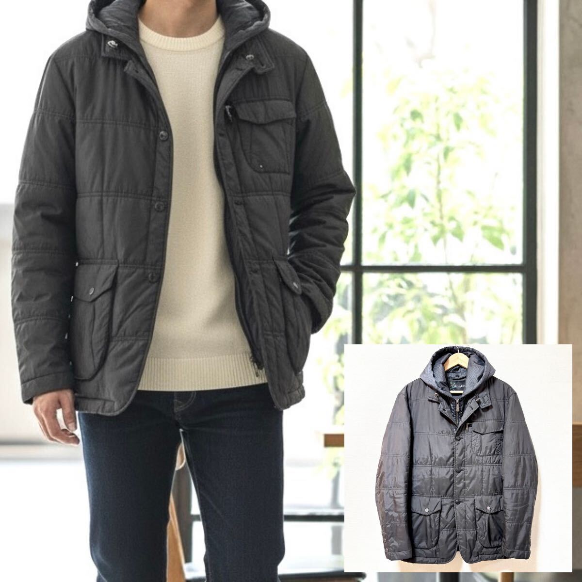 希少ブランド◎シックな大人コーデに!【GHILARO】キルティング ジャケット 中綿 アウター フード ブラック 黒 メンズ 48 M /Y38234SS拍卖