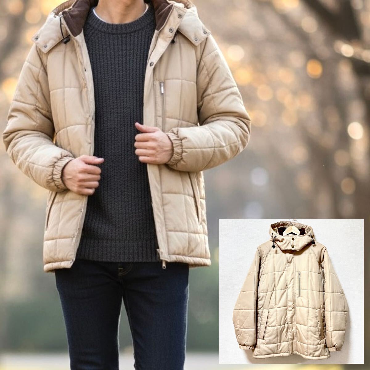 状態良好◎ボリューム感◎【elf】エルフ 中綿 ジャケット キルティング 中綿 アウター フード 軽量 防寒 ベージュ メンズ L /Y38235SS拍卖