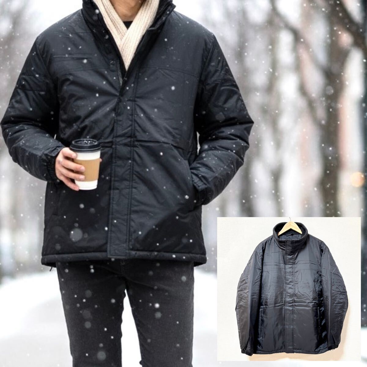 1番使えるシンプルデザイン!【UNIQLO】ユニクロ 中綿 ジャケット アウター 無地 オールド old 古着 紺タグ ブラック 黒 メンズ L /Y38238SS拍卖