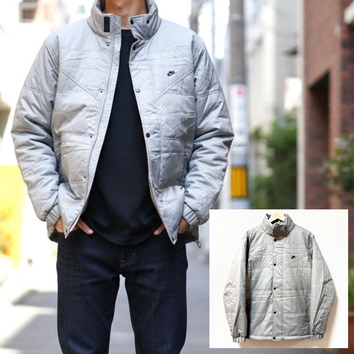 人気ブランド◎色んなシーンで大活躍!【NIKE】ナイキ 中綿 ジャケット ロゴ 刺繍 ブルゾン 防寒 アウター グレー メンズ L /Y38243SS拍卖