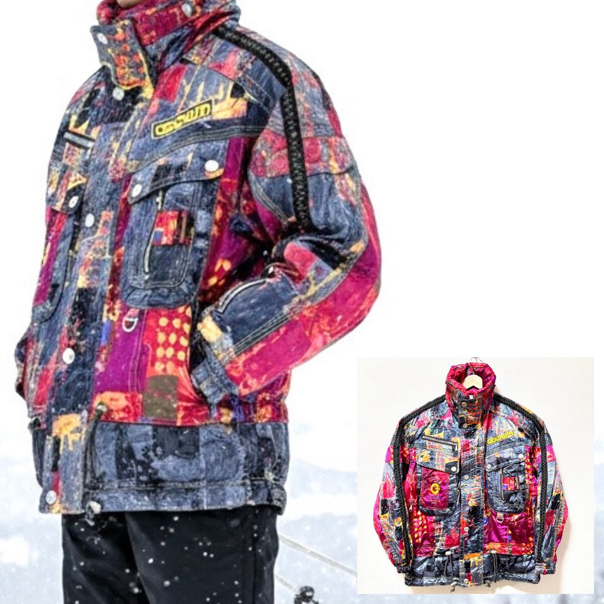 超個性派!日本製◎【GOLDWIN】ゴールドウィン スキー ウェア ジャケット アウター ナイロン 総柄 スノボ グレー 赤 メンズ M /Y38246SS拍卖