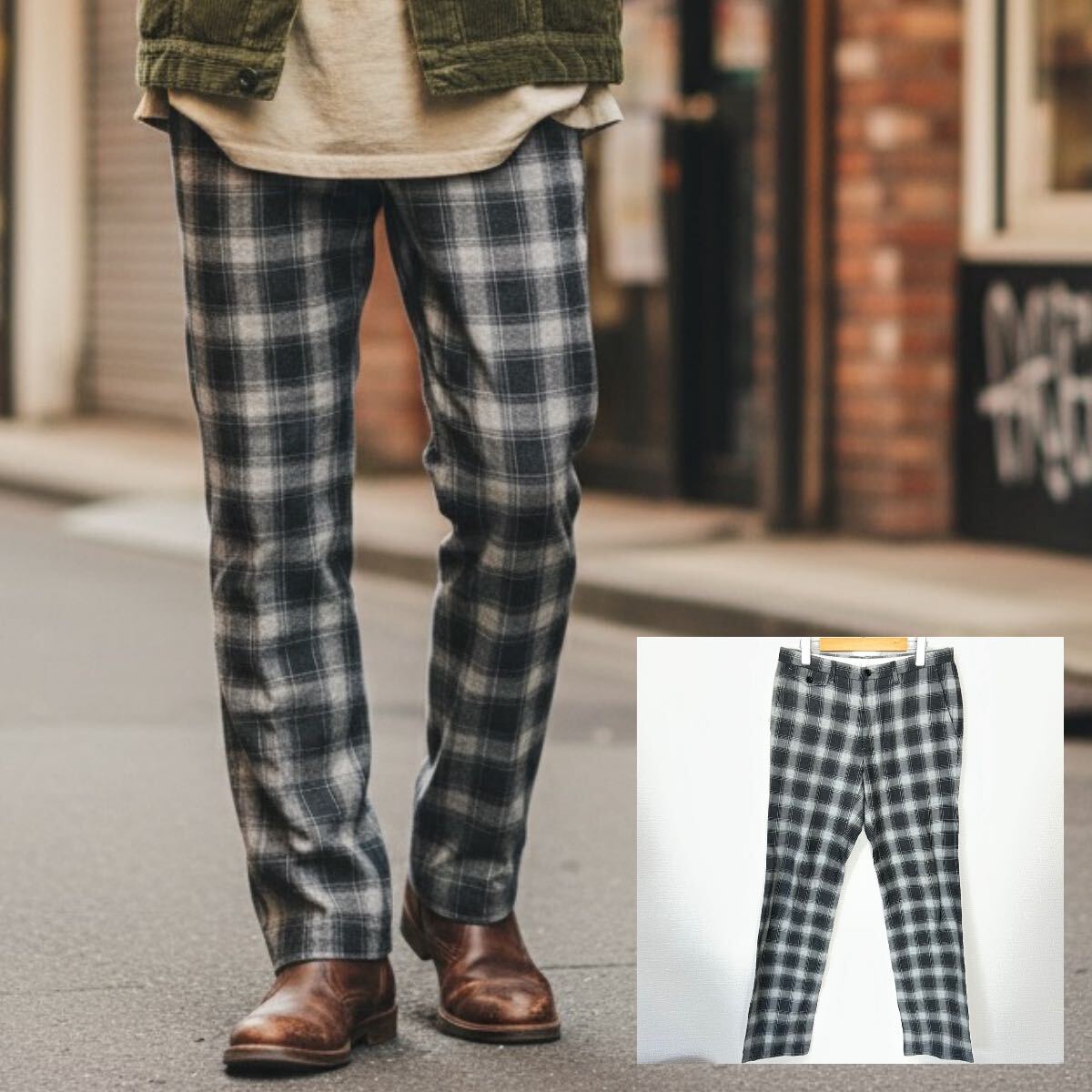 秋冬のおしゃれ◎【COMME CA ISM】コムサイズム チェック柄 ストレッチパンツ コットン 綿 カジュアル グレー系 メンズL/Y38159YY拍卖