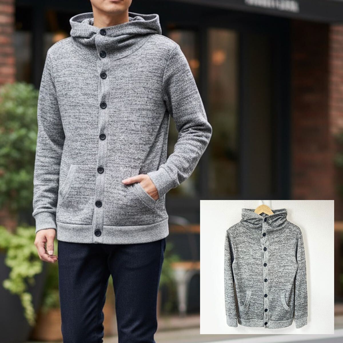 日本製◎モード感◎【HARE】ハレ ニットカーディガン パーカー 羽織り シンプル カジュアル モノトーン グレー メンズS/Y38186YY拍卖