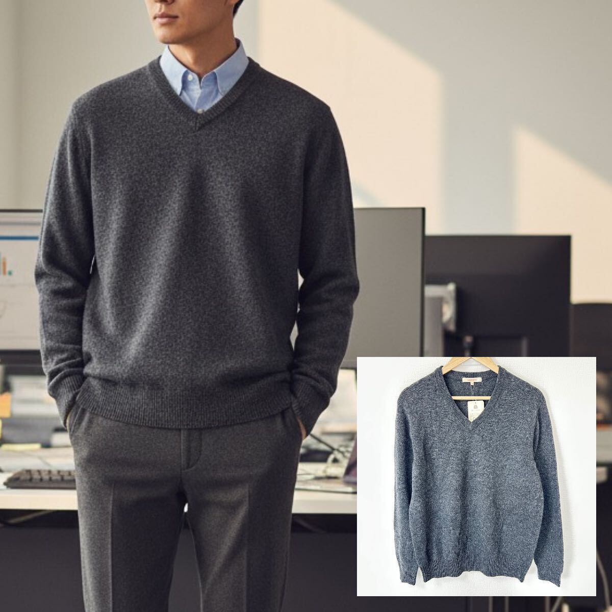 新品タグ付き◎オールドユニクロ◎【UNIQLO】Vネックニットセーター トップス ウール100% ベーシック ダークグレー メンズL/Y38181YY拍卖