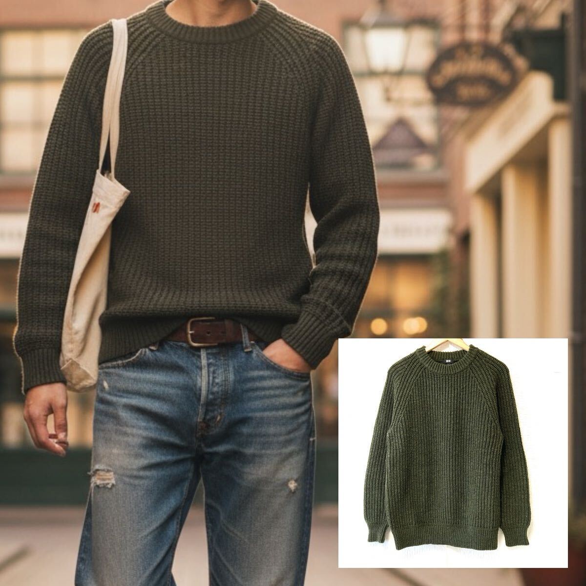 秋冬のマストアイテム!【UNIQLO】ユニクロ ローゲージ リブ クルーネック ニット セーター シンプル カジュアル オリーブ L/Y38140UU拍卖