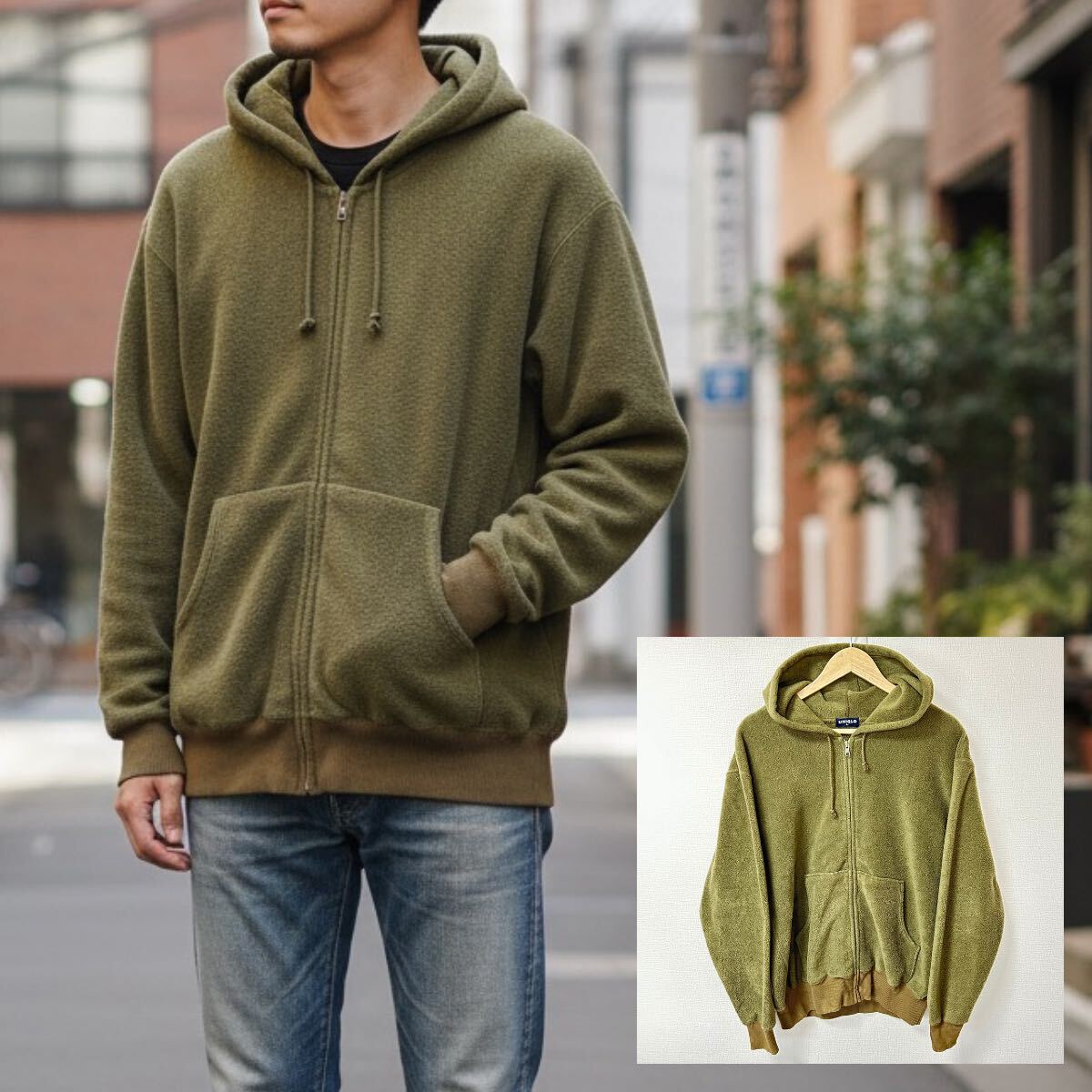 美品◎高品質オールドユニクロ◎【UNIQLO】ジップアップ フリースパーカー フーディ 古着MIX アウトドア カーキ メンズL/Y38169YY拍卖