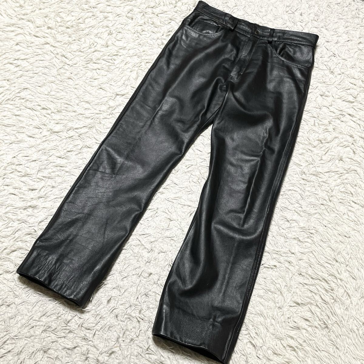 美品◎XL相当◎spoon 牛革 レザーパンツ メンズ motorcycle ライダース バイク ブラック 黒 カウレザー スプーン バイクウェア 拍卖