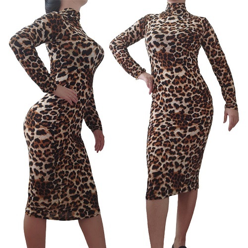 ワンピース カットソー ストレッチ トップス かぶりタイプ ハイネック (レオパード)長袖 Lサイズ拍卖