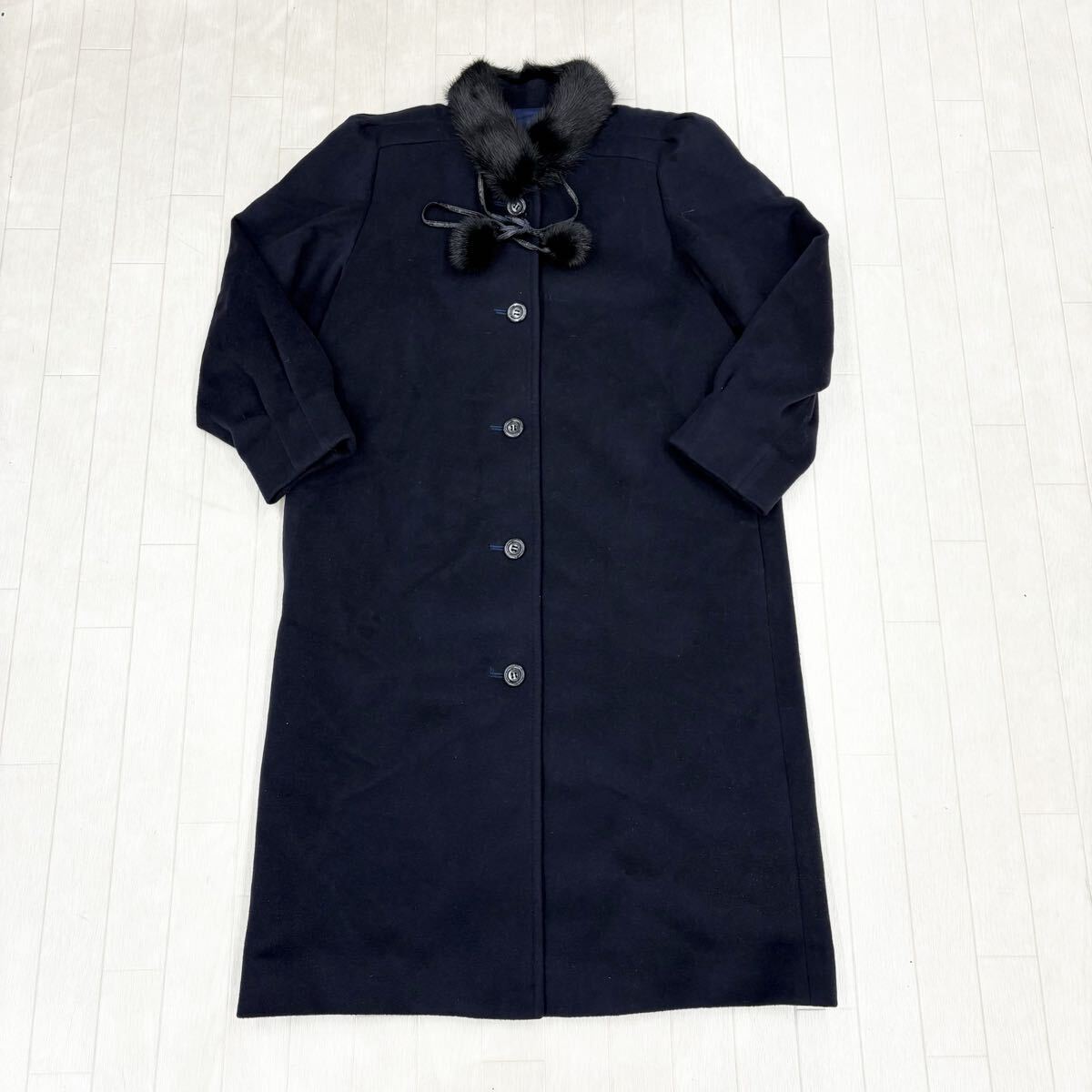 M31〓 Leilian レリアン ロングコート レディース サイズ9 ネイビー アウター 上着 カシミヤ混80% ミンクファー カジュアル フォーマル拍卖