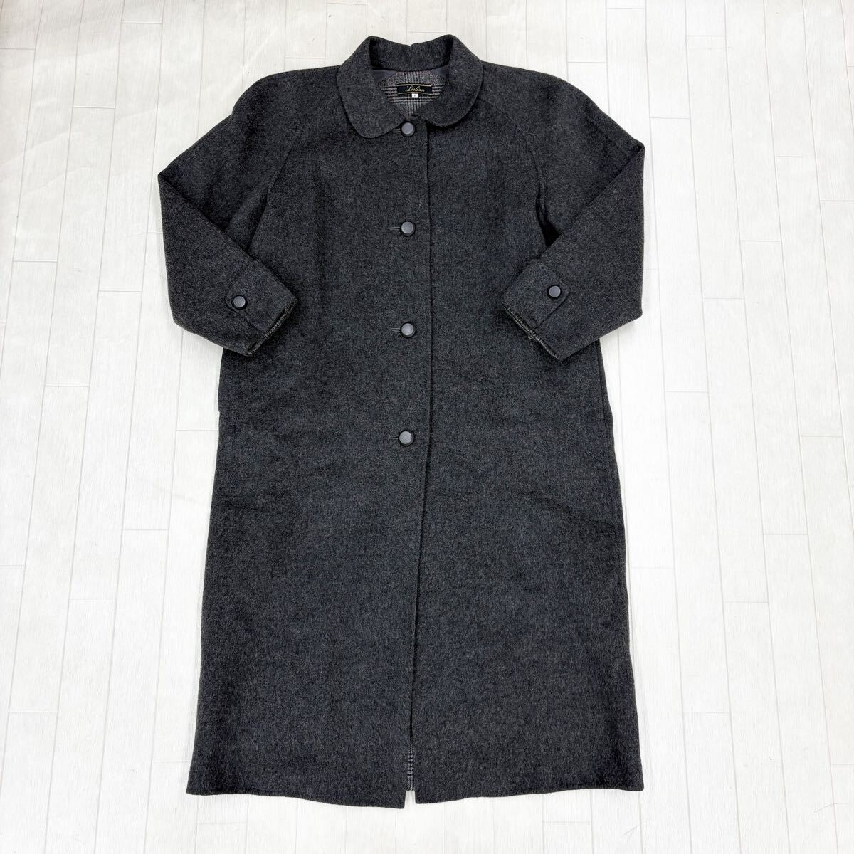 M31〓 Leilian レリアン ステンカラーコート レディース サイズ9 ダークグレー 裏地チェック柄 アウター ロングコート カジュアル ビジネス拍卖