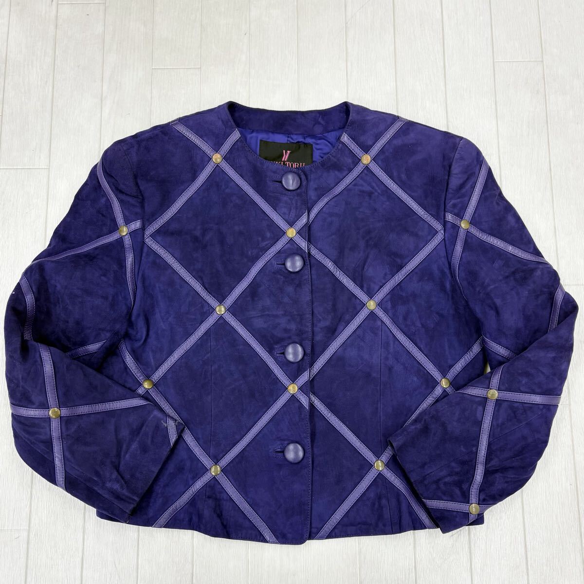1816〓 YUKI TORII ユキトリイ ノーカラージャケット レディース サイズ11 ヴァイオレット ラムレザージャケット 羊革 カジュアル拍卖