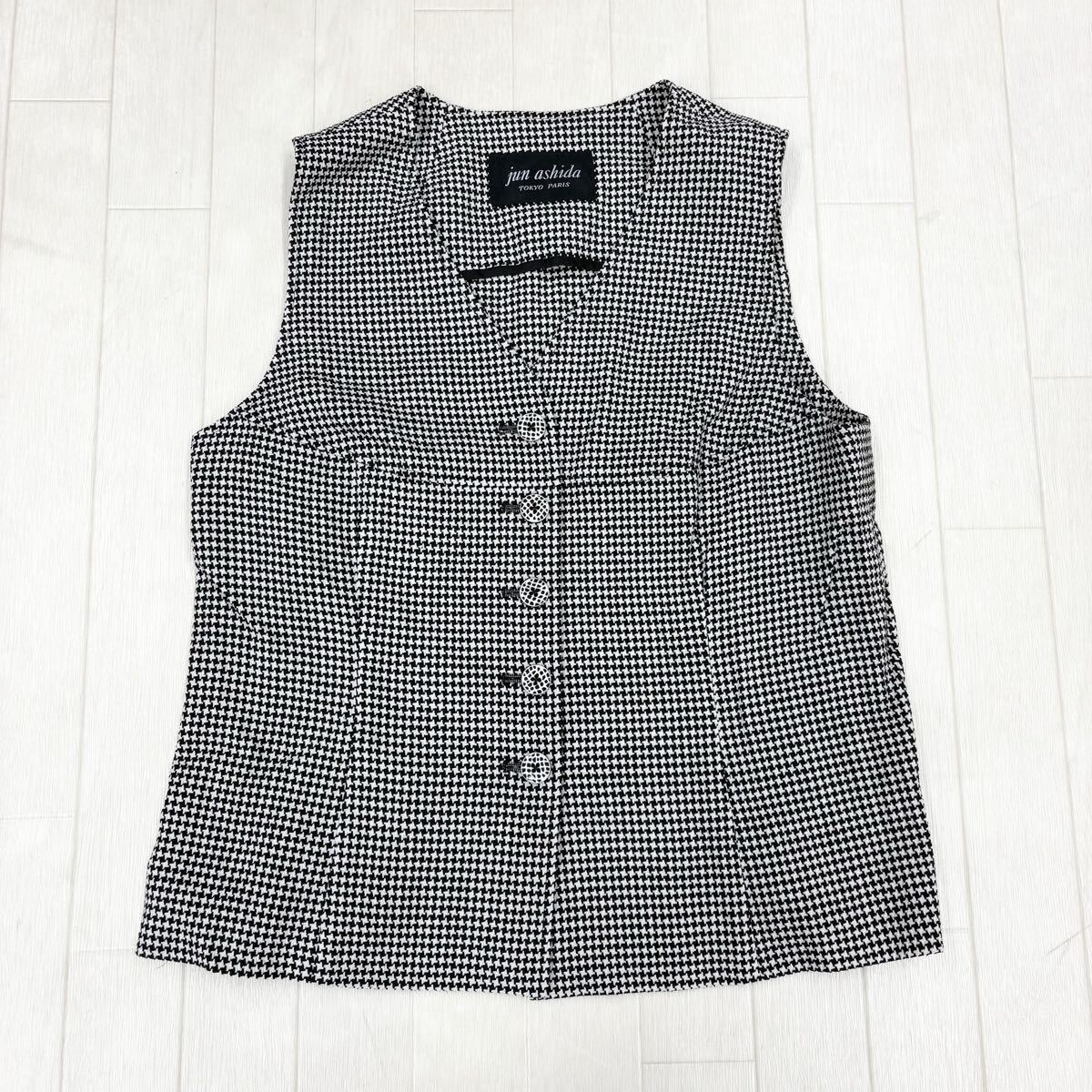 1816〓 jun ashida ジュンアシダ ベスト レディース サイズ11 ブラック ホワイト 手裏剣格子 トップス カジュアル ビジネス拍卖