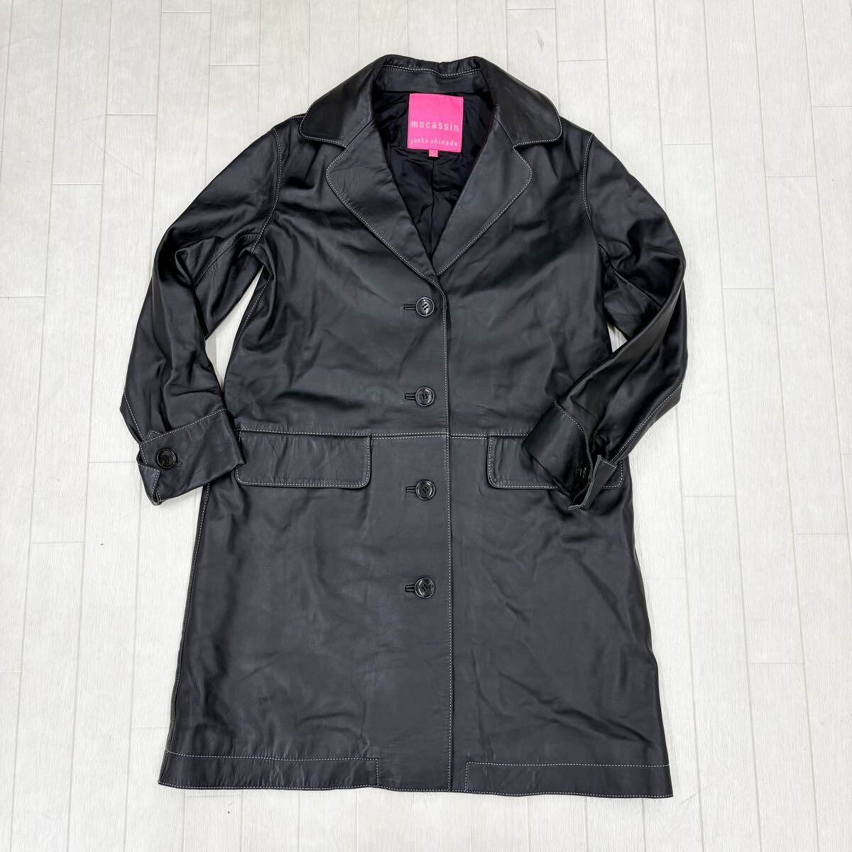 1818〓 mocassin junko shimada モカサン ジュンコシマダ シープスキンミドルコート レディース サイズ0 ブラック アウター 上着 羊革拍卖