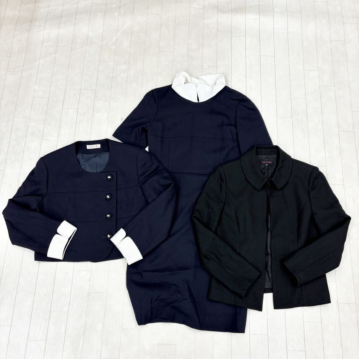 1818〓 3点セット YUKI TORII ユキトリイ ノーカラージャケット ワンピース ジャケット レディース サイズ9 ダークネイビー ブラック拍卖