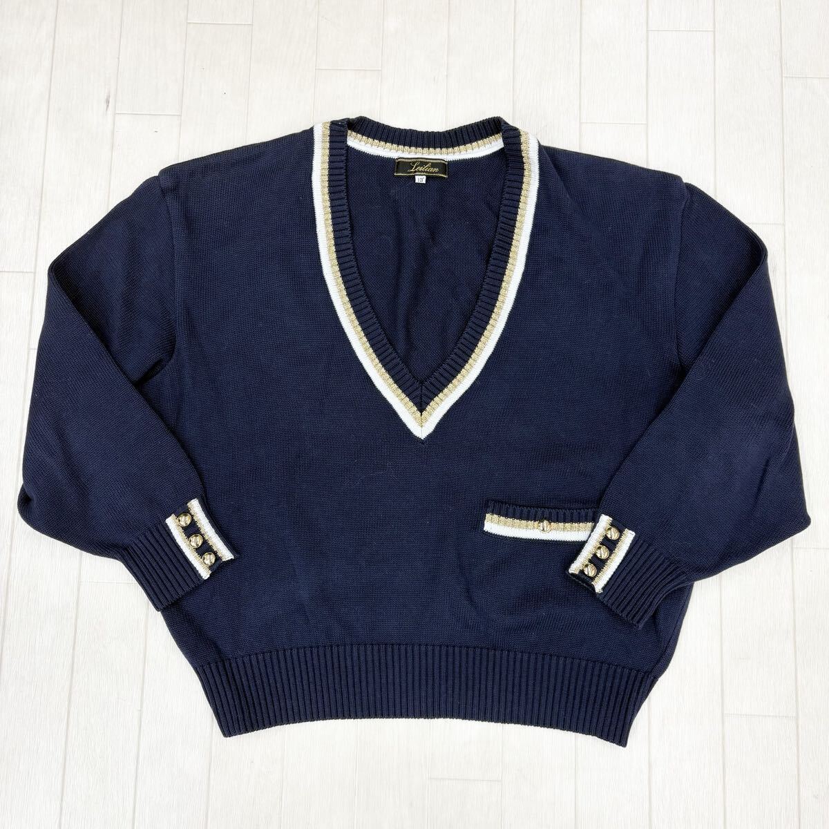 1818〓 Leilian レリアン ニットセーター レディース サイズ13+ ネイビー ホワイト ゴールド Vネック トップス カジュアル拍卖