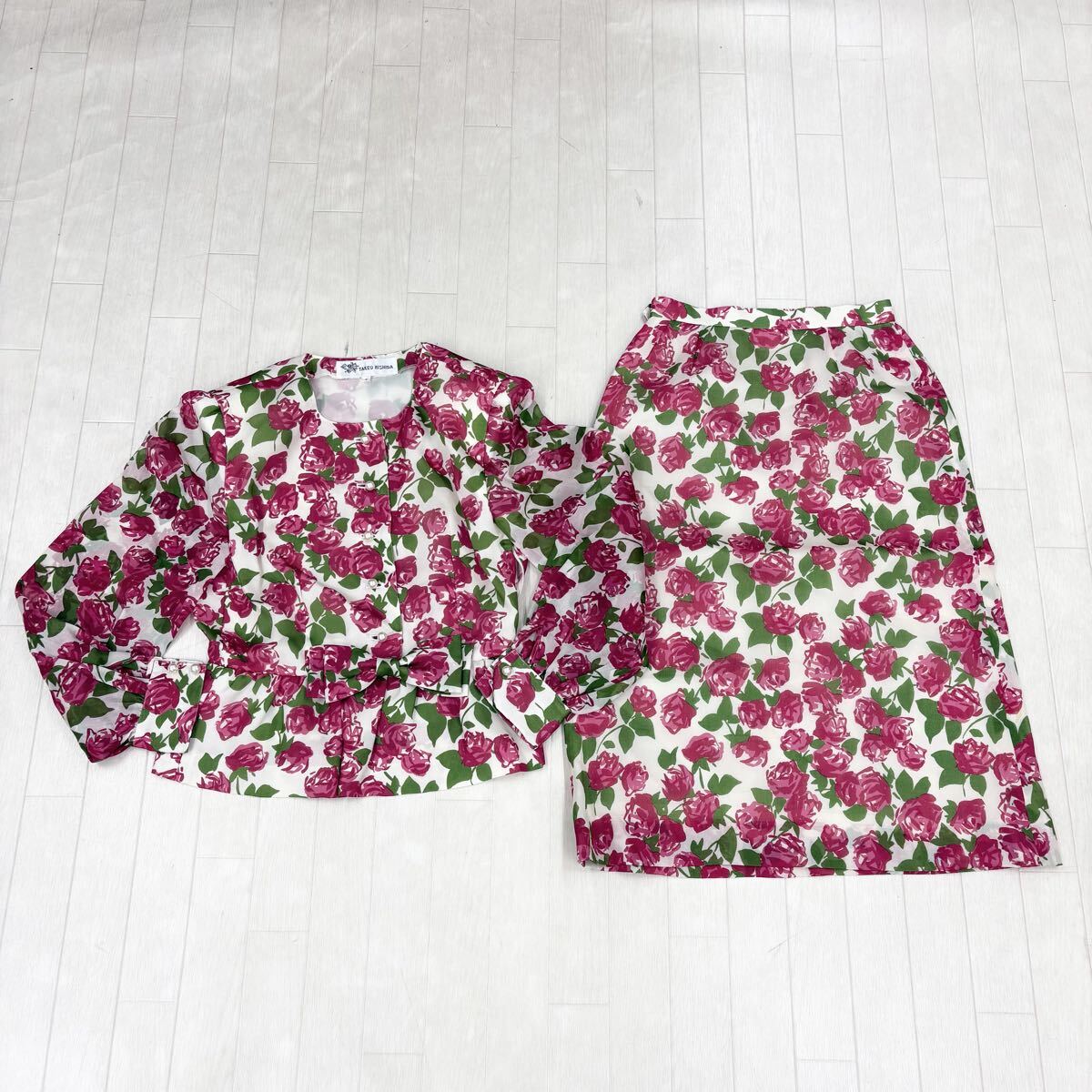 1824〓 ②セットアップ TAKEO NISHIDA タケオニシダ シングルジャケット タイトスカート レディース サイズ9 花柄 バラ柄 シルク100% 拍卖