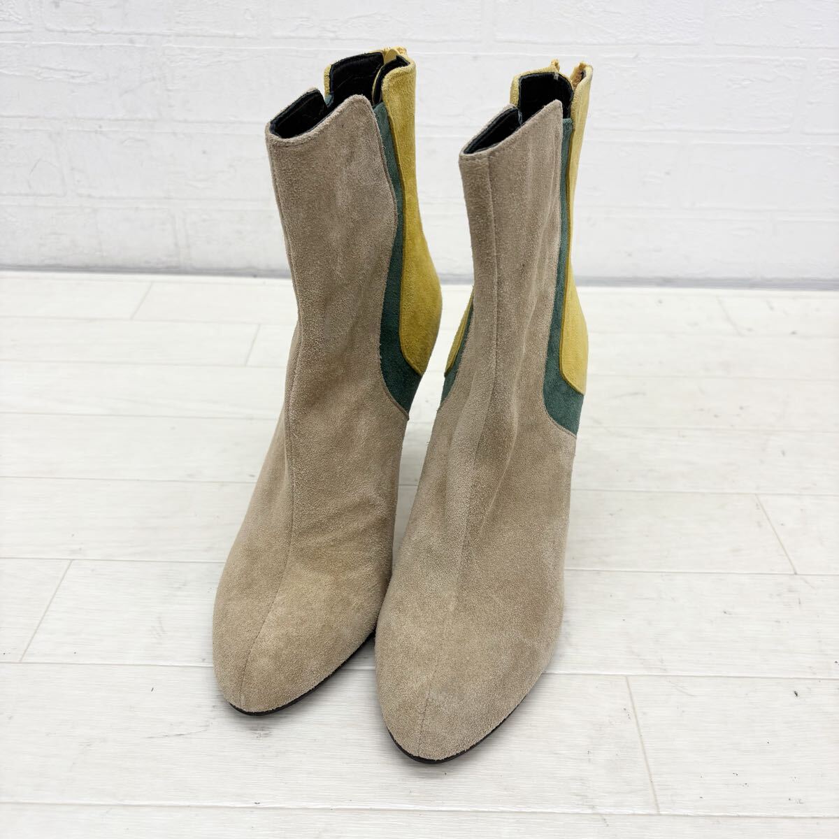 1817〓 Clarpierce クラーピアス ショートブーツ レディース サイズ23 ベージュ グリーン イエロー スエードレザー 靴 シューズ カジュアル拍卖