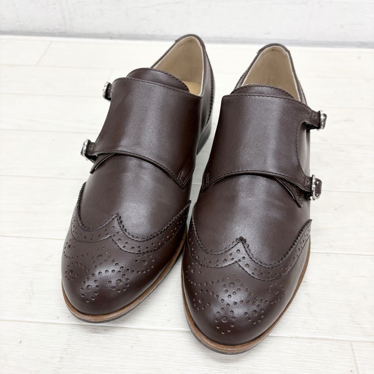 1827〓 Carri fours キャリーフォーズ ダブルモンクストラップシューズ レディース サイズ23 ダークブラウン ウイングチップ メダリオン 拍卖