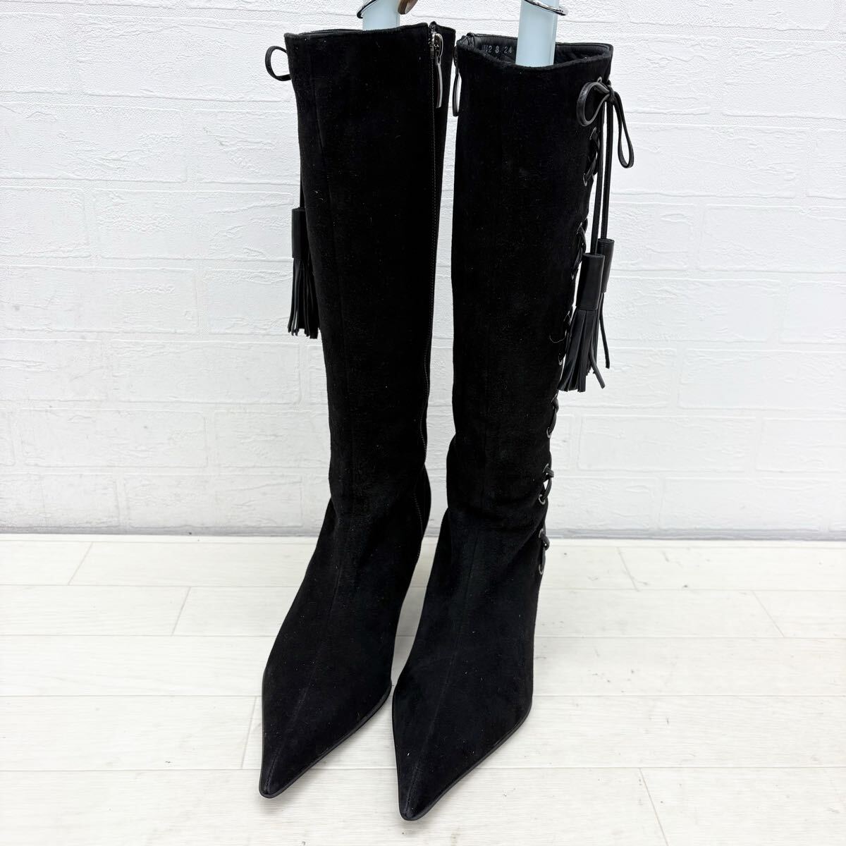 1827〓 UNTITLED アンタイトル ロングブーツ レディース サイズ24 ブラック スエードレザー サイドファスナー タッセル ヒールブーツ 靴拍卖