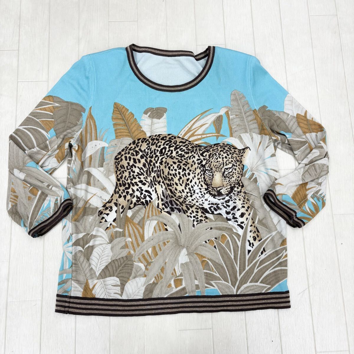 1825〓 伊太利屋 イタリヤ ニットカットソー レディース サイズ11 トップス 5分袖 6分袖 豹柄 アニマル柄 ボタニカル ラインストーン拍卖