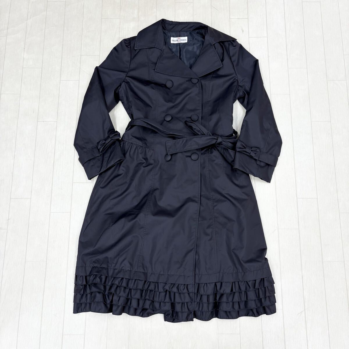 1825〓 GALLERY VISCONTI ギャラリービスコンティ ダブルミドルコート レディース サイズ2 ダークネイビー アウター フリル オータムコート拍卖