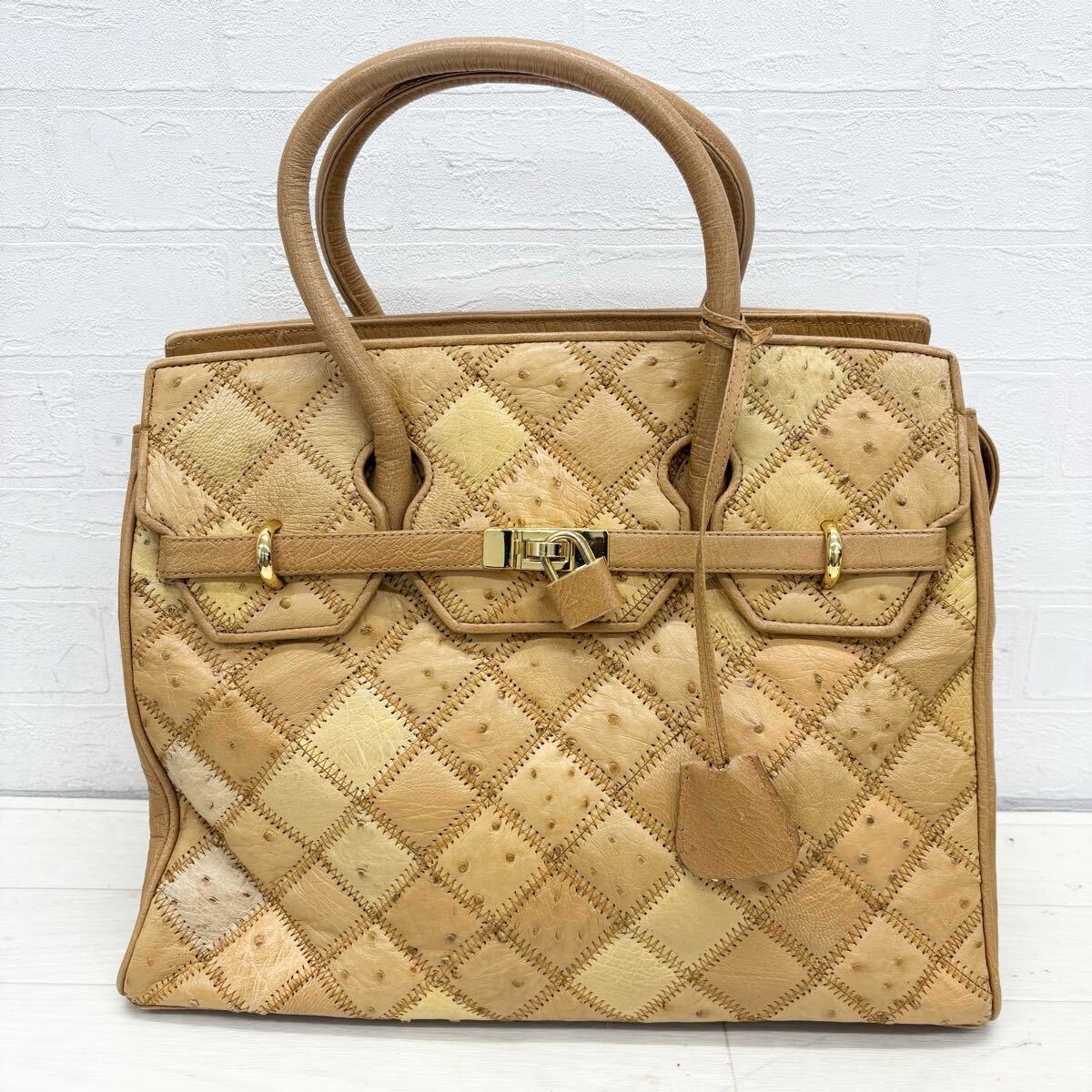 1826〓 オーストリッチレザー ハンドバッグ レディース ライトブラウン 鞄 手提げ鞄 レザーバッグ ダチョウ革 カジュアル拍卖