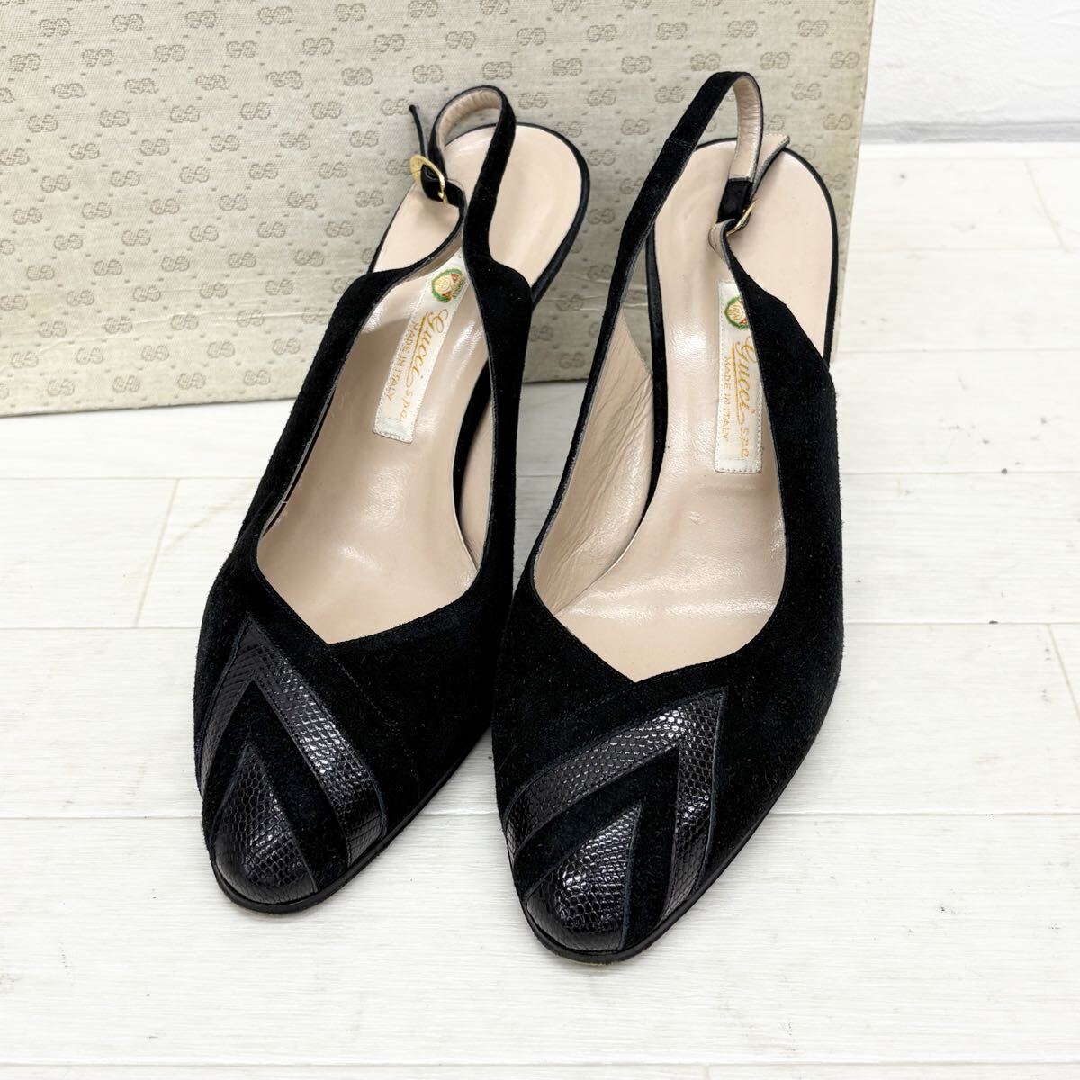M33〓 箱付き GUCCI グッチ バックストラップパンプス レディース サイズ36.5B ブラック スエードレザー 靴 シューズ 拍卖