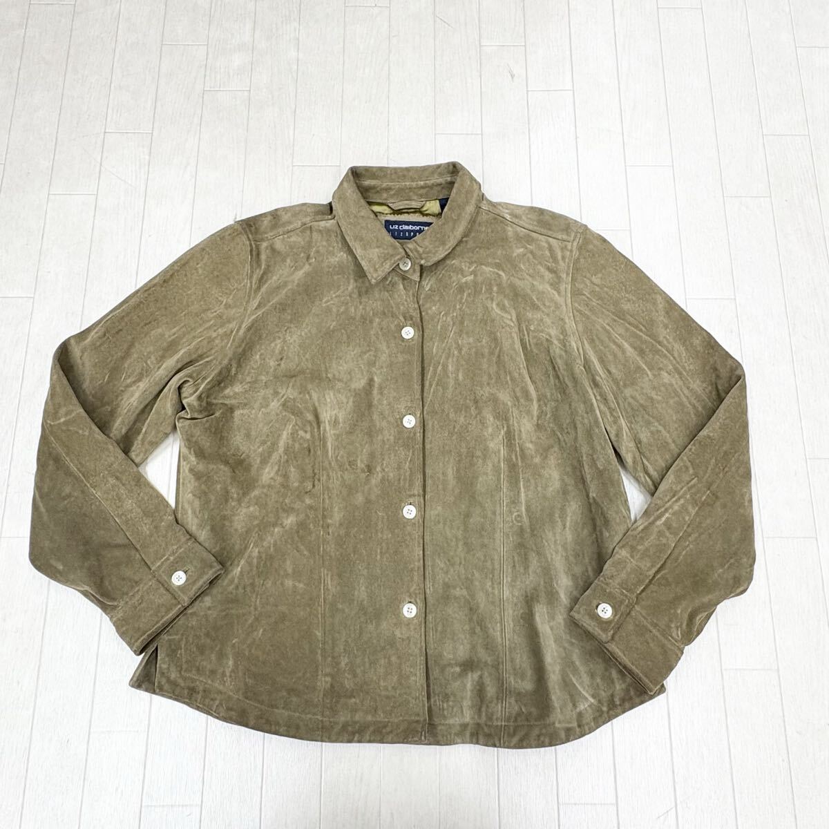 1829〓 Liz Claiborne LIZ SPORTリズクレイボーン リズスポーツ スエードレザーシャツジャケット レディース サイズXL カーキ アウター拍卖