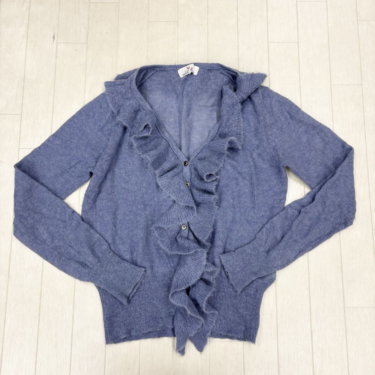 1829〓 L'EQUIPE YOSHIE INABA レキップヨシエイナバ ニットカーディガン レディース サイズ9 ブルーグレー トップス 上着 フリル 拍卖