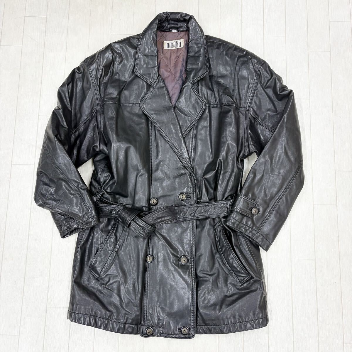 1830〓 TOKYO AOYAMA LABANNE 東京青山ラバンヌ カウレザーダブルコート レディース サイズM ブラック アウター 上着 ミドルコート 牛皮拍卖