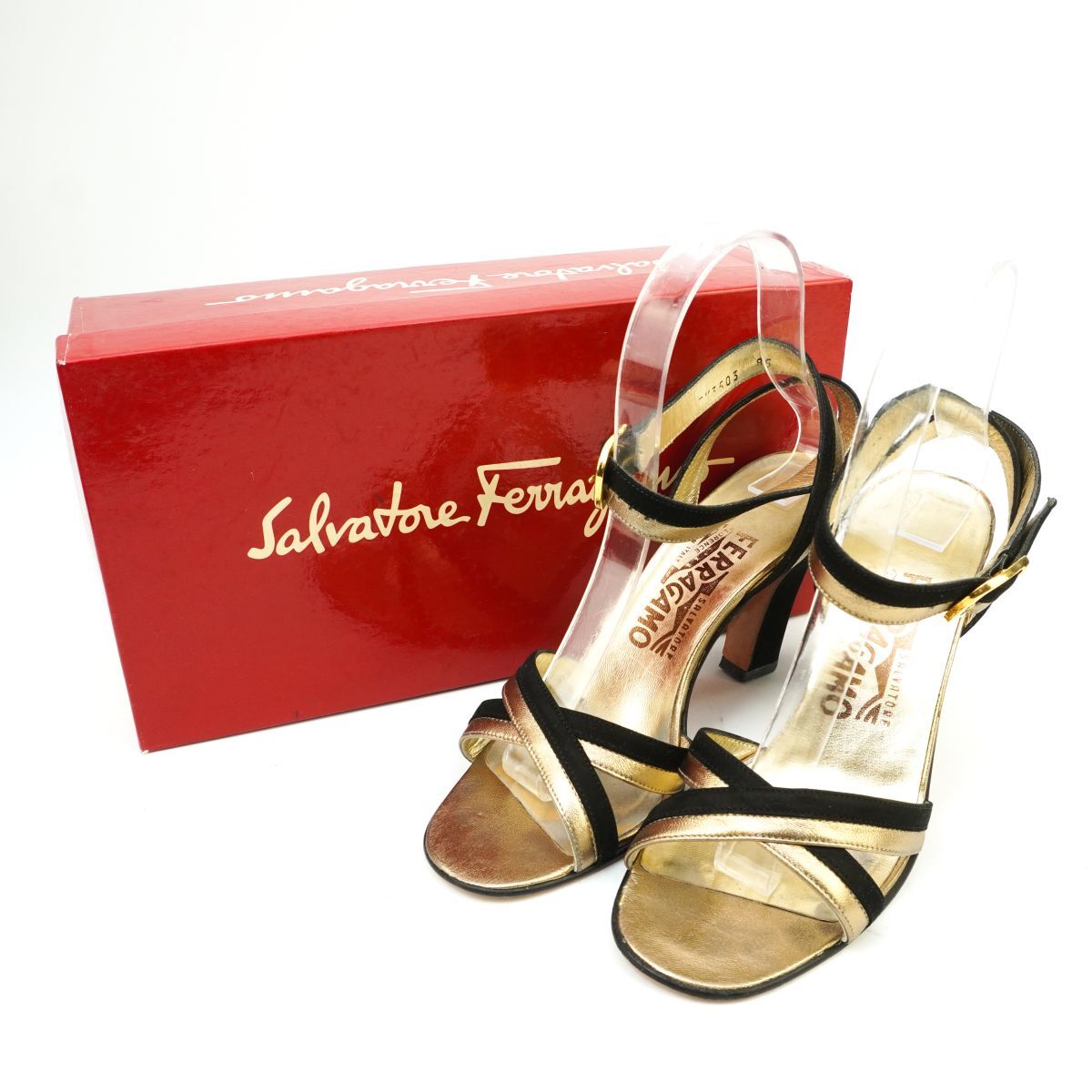 Salvatore Ferragamo サルヴァトーレフェラガモ 6 23.5 ヒールサンダル ゴールド 金 ブラック 黒 箱付/KD2拍卖