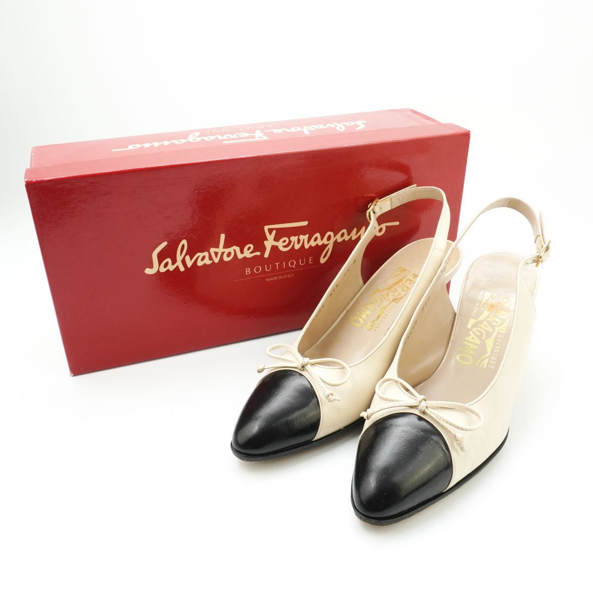 Salvatore Ferragamo サルヴァトーレフェラガモ 5 1/2 23.0 スリングバックサンダル ヒール バイカラー 黒 ブラック アイボリー 箱付/KD13拍卖